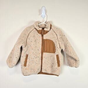 Zara Contrasting Fleece Jacket Size 2/3 Light Beige Full Zip Cozy Coat